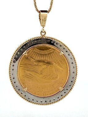 1909 $20 Liberty Gold Coin Diamond Bezel Pendant 14K Gold Necklace 54.62g
